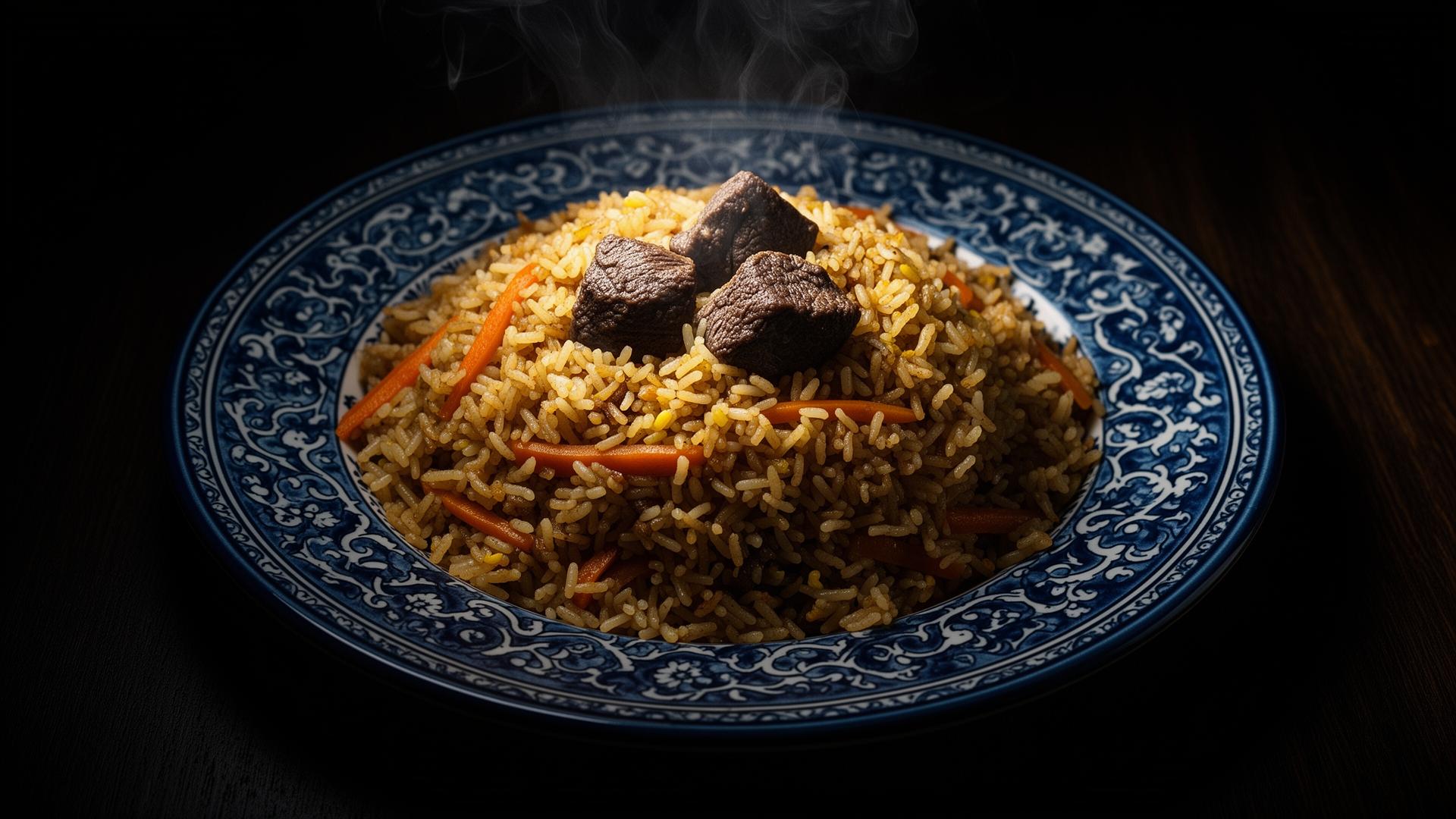 Steaming plov on ornate plate